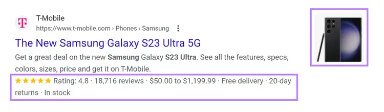 Rich snippet for a page about Samsung Galaxy S23 Ultra 5G