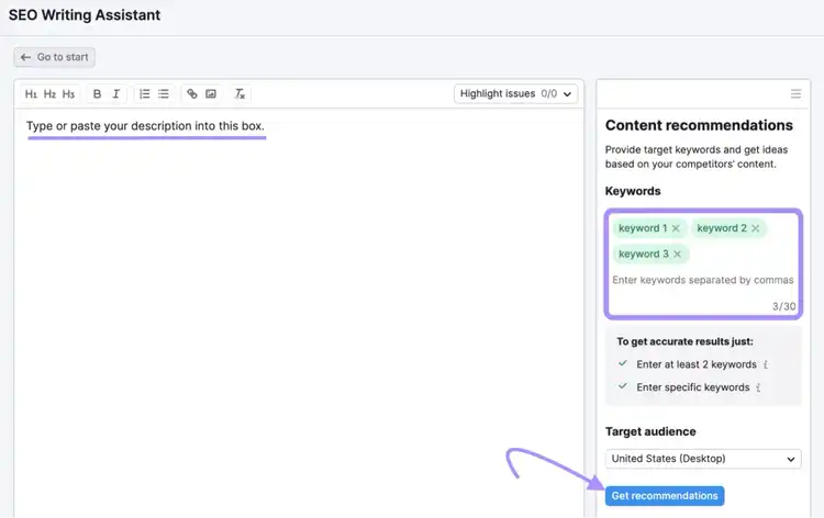 "Get recommendations" button highlighted in SEO Writing Assistant tool