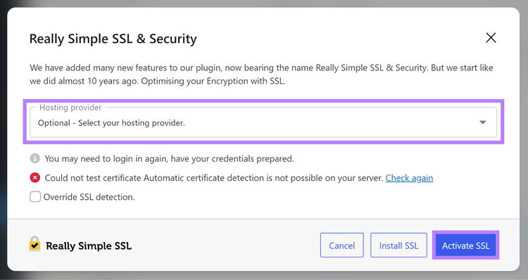 Really Simple SSL & Security popup with Hosting provider dropdown and Activate SSL button highlighted