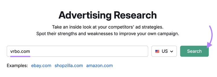 domain entered into advertising research tool