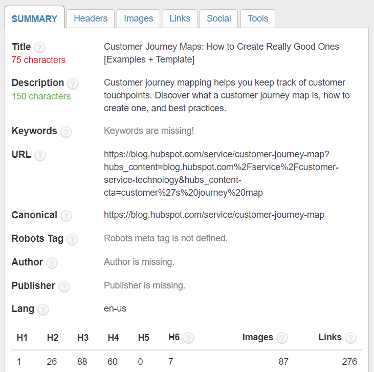 SEO META in 1 Click Summary tab with page title, description, URL metadata