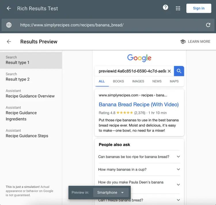 Rich Results Test preview shows a search result with star rating and time to make on mobile devices.