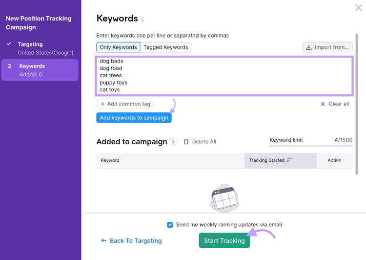 Position tracking keywords settings screen showing keywords to track such as dog beds and dog food.