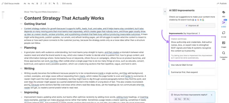 AI SEO Improvements recommending credibility cues