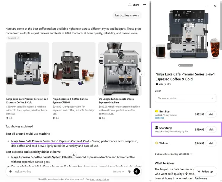 ChatGPT results for “best coffee makers” with product recommendations and retailer citations in sidebar
