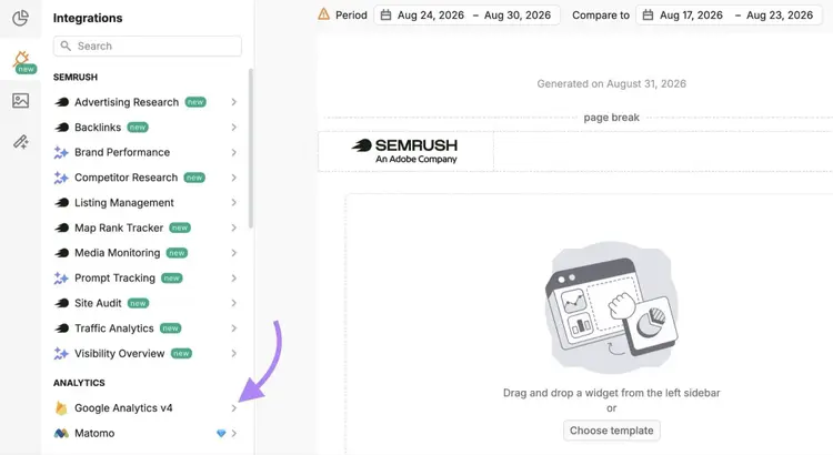 "Google Analytics v4" highlighted on the Integrations menu on My Reports.
