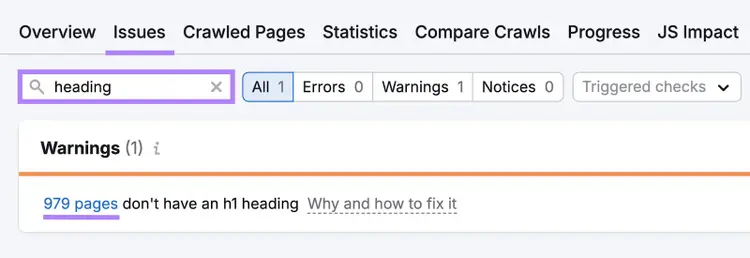 Site Audit shows this example domain has almost 1000 pages without an h1 heading.