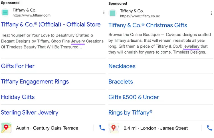 A side by side comparison of Tiffany & Co.'s mobile ad, with "jewelry" highlighted in the US ad, and "jewellery" in the UK ad