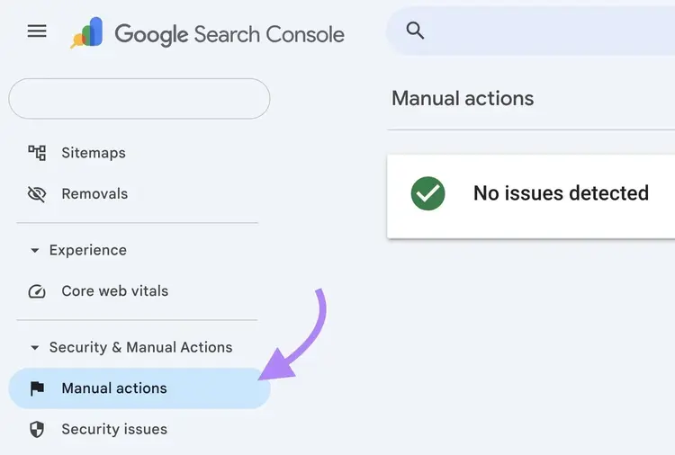 The "Manual actions" tab on Google Search Console showing "No issues detected".
