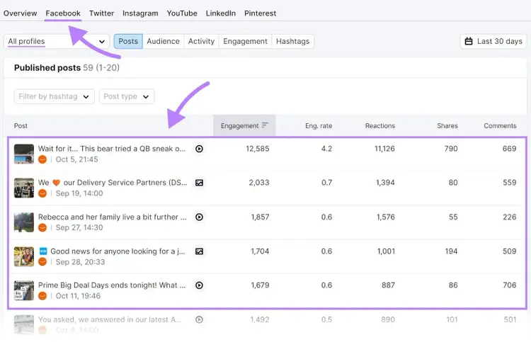 “Facebook” tab overview