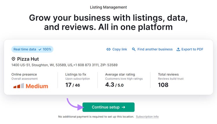 Listing Management tool with an arrow pointing to the "Continue setup" button.