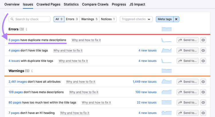 "Meta tags" category filter selected in the Site Audit's "Issues" tab