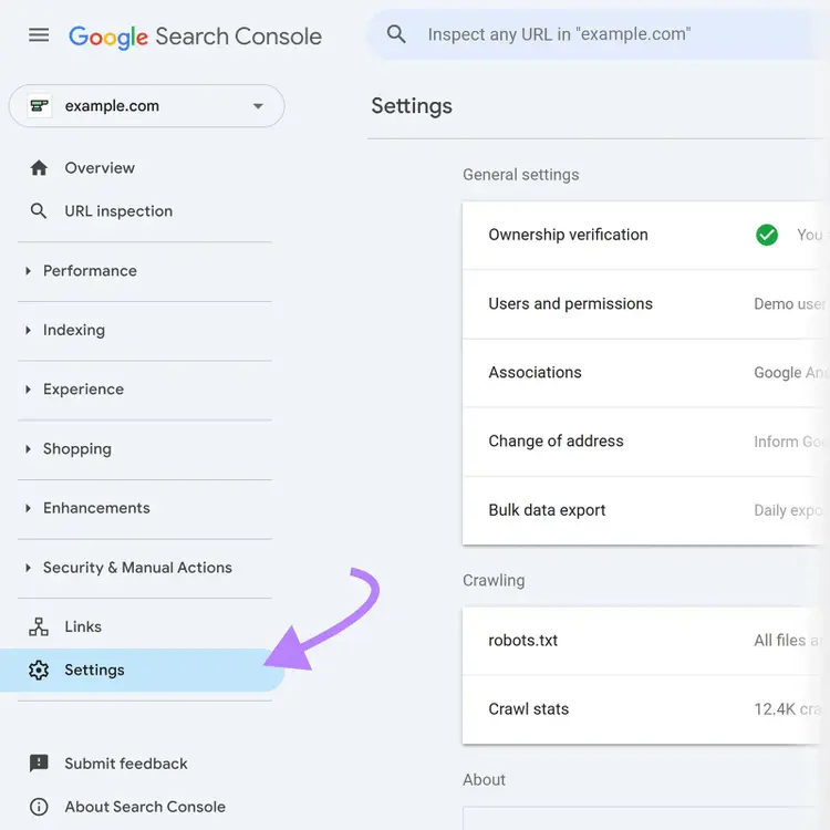 Google Search Console Settings menu highlighted in the left sidebar