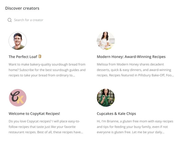 ConvertKit's 'Discover creators' function via search bar or category