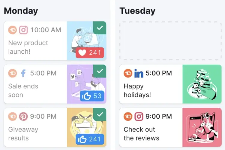 Meta Business Suite A/B test schedule with posts and engagement metrics