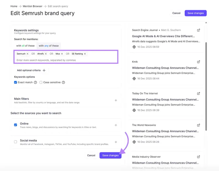 Brand query settings showing multiple brand name variations used to track mentions and save changes.