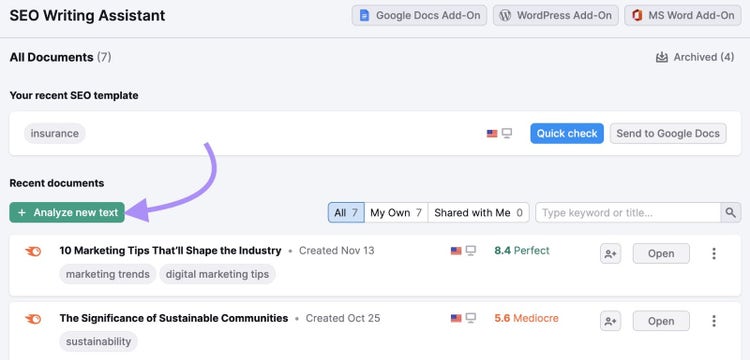 "Analyze my text" in SEO Writing Assistant