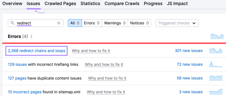 Issues tab on Site Audit with "redirect" entered in the search bar and redirect chains and loops errors highlighted.