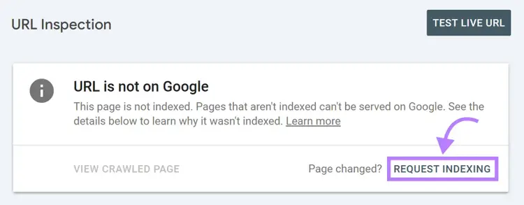 Google Search Console URL Inspection page with Request Indexing button highlighted