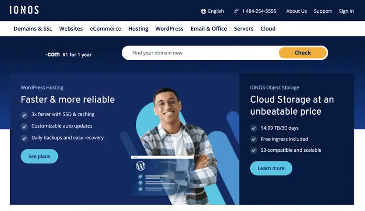 Ionos's homepage says, "faster and more reliable."
