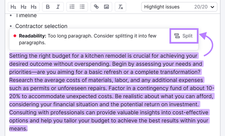 Complex paragraph flagged for readability issue by SEO writing assistant.