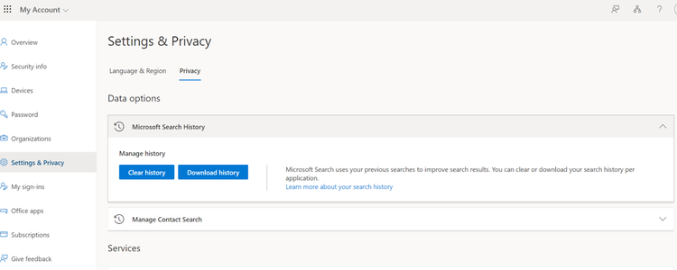 "Settings and Privacy" page in Microsoft