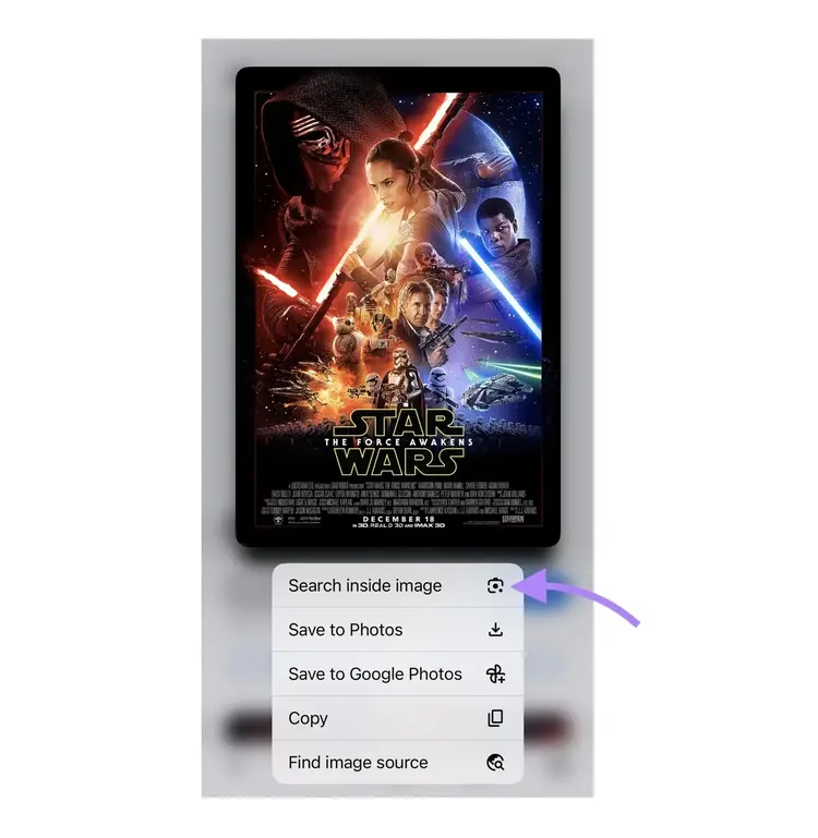 "Search inside image" clicked from the options menu of an image from the Chrome browser.