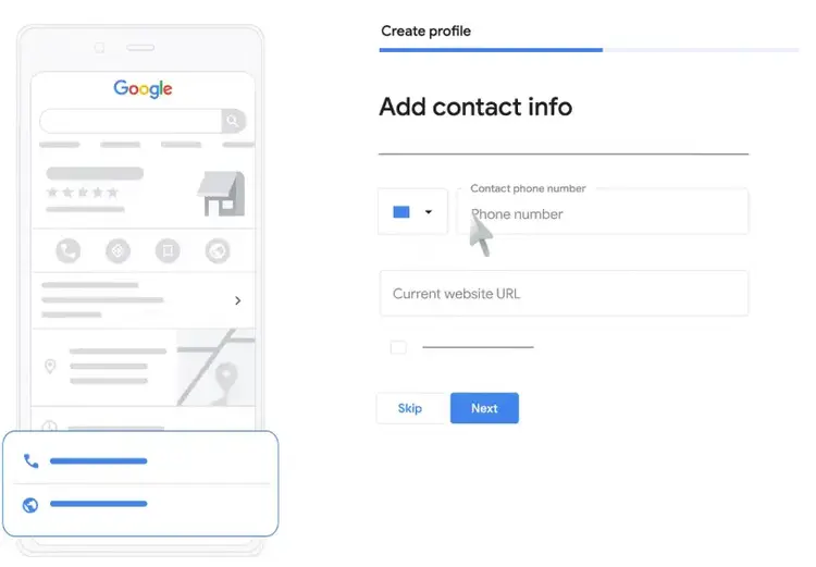 The screen to add your contact details and website when you create a Google Business Profile.