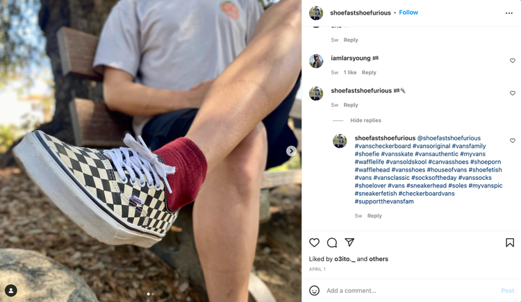 Instagram post of Vans shoe with comments and branded hashtags