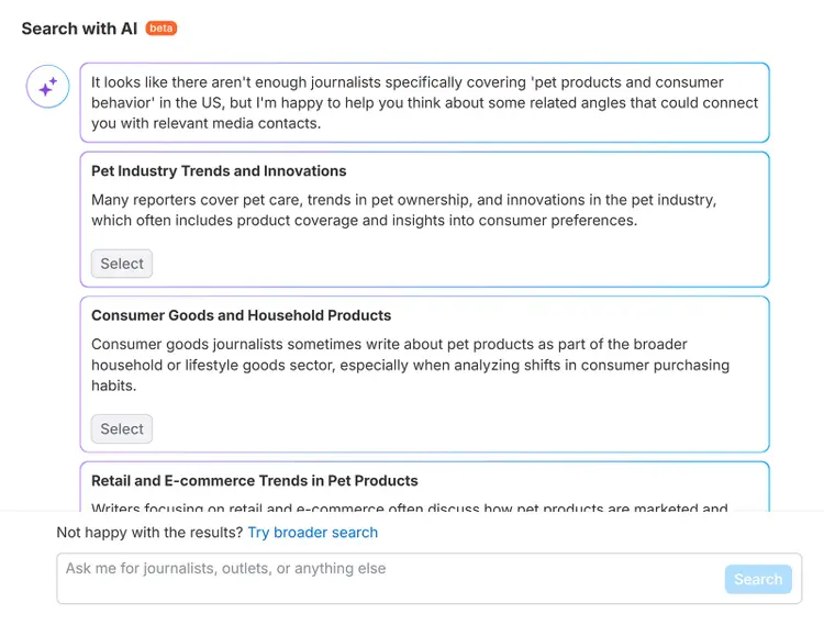 AI suggestions offering related coverage angles when few journalists match the original search topic.