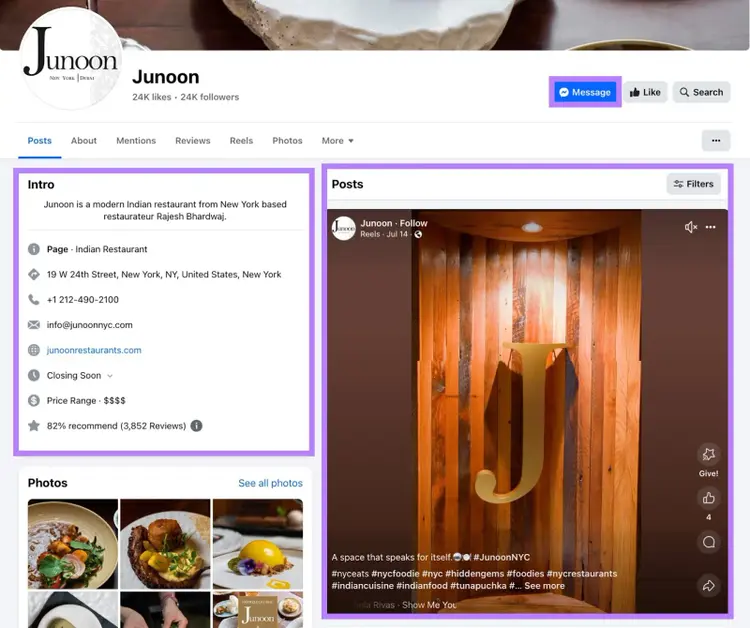 A Facebook Business Page with business information on the left, "Posts" on the right, and an option to message the business on the top.
