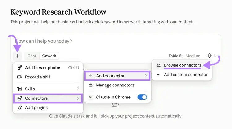 Claude Connectors menu showing the steps to add a connector and browse available connectors