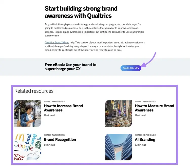 A CTA to download an eBook and links to related resources at the bottom of a pillar page by Qualtrics.