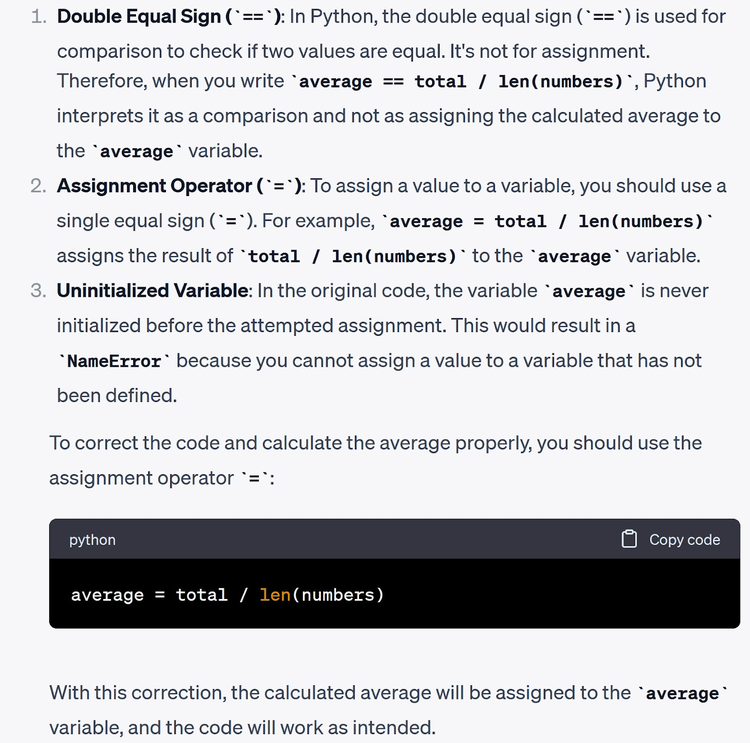 ChatGPT's detailed response, breaking down the code and explaining errors