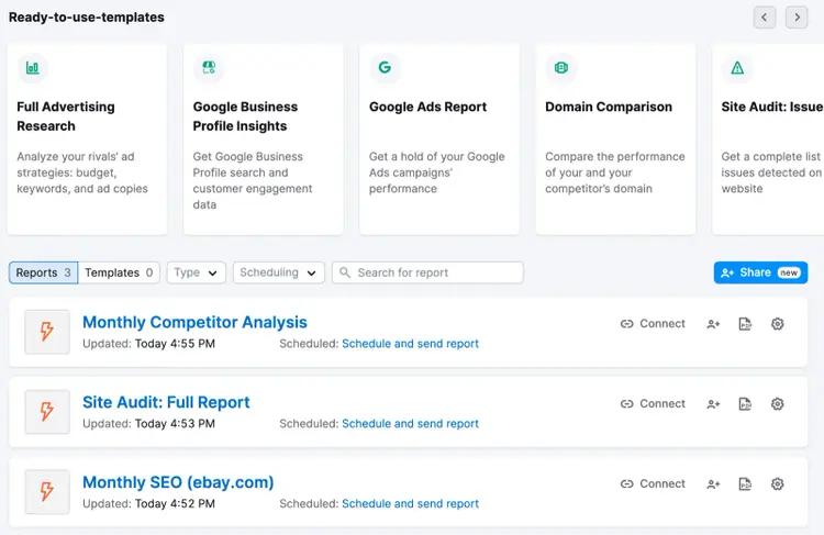 "Ready-to-use-templates" section in My Reports tool