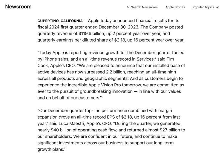A section of Apple's press release using a professional tone