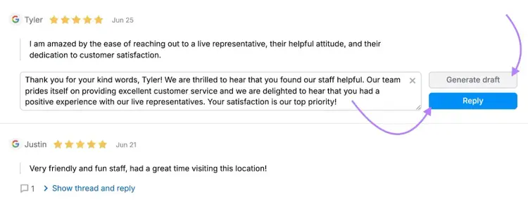 Semrush Review Management tool with AI generated reply and arrows pointing to Generate draft and Reply buttons.