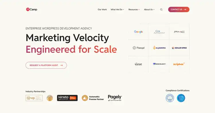 rtCamp homepage: Marketing Velocity Engineered for Scale with WordPress development agency focus