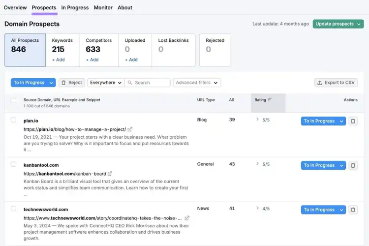 The "Prospects" tab on the Link Building Tool showing a list of prospects along with columns for URL type, AS, Rating, and Actions.