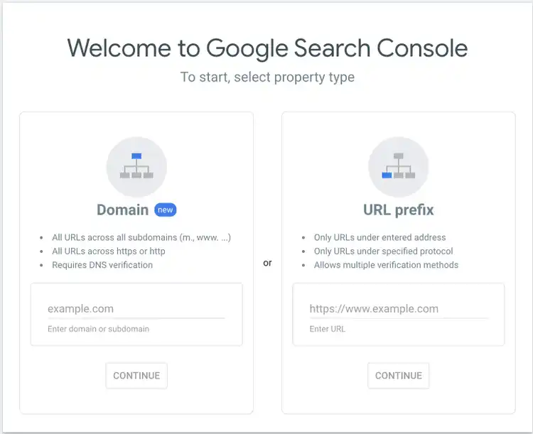 Google Search Console property setup with Domain and URL prefix options