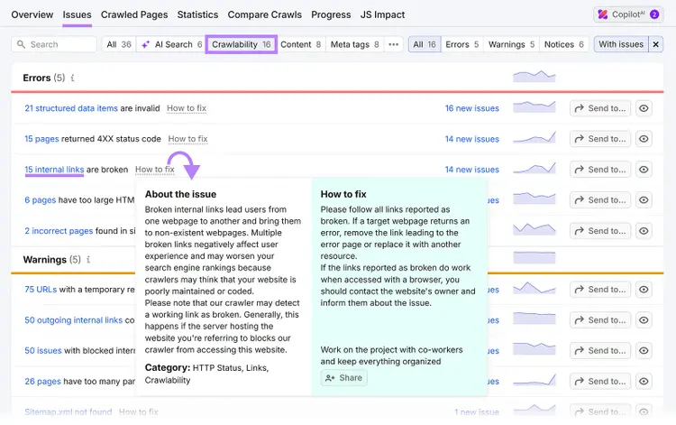 Semrush Site Audit report filtered for Crawlability issues with broken internal links issue details expanded
