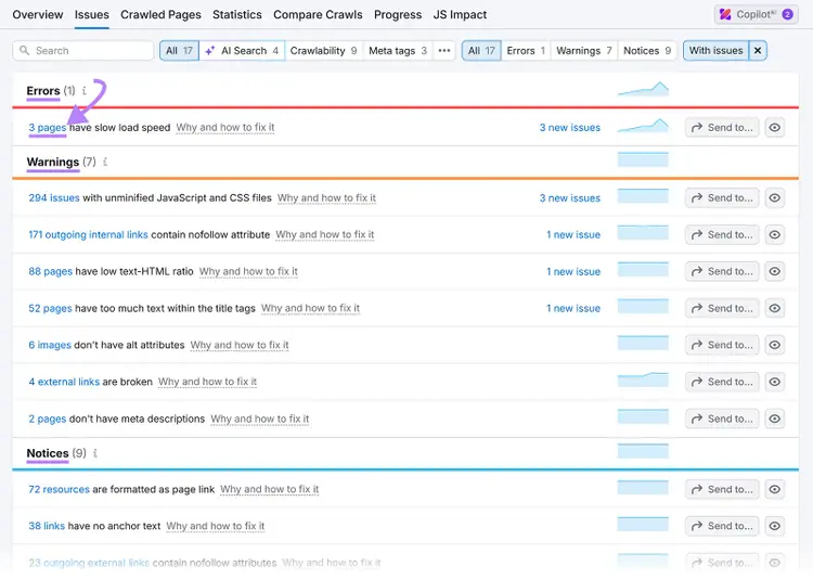 Audit issues panel showing one error for slow load speed, highlighted with arrow.