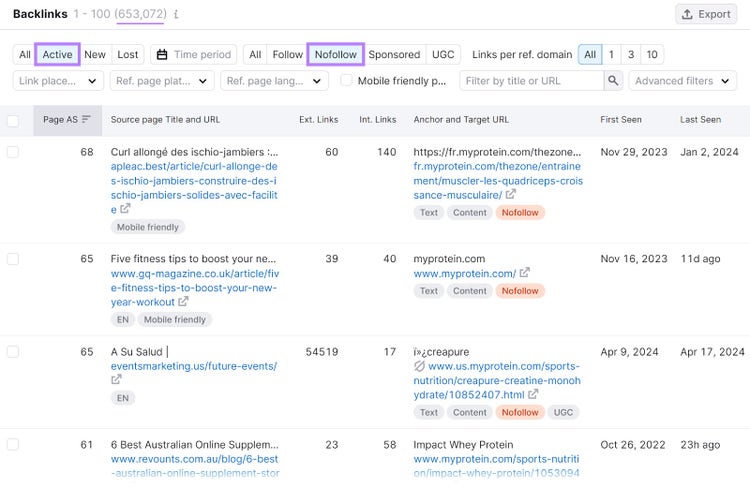 "Backlinks" section of the Backlinks tool with "Active" and "Nofollow" filters highlighted