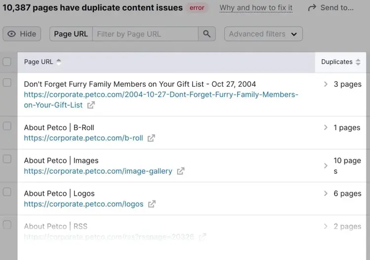 Page URLs with duplicate content issues in Site Audit