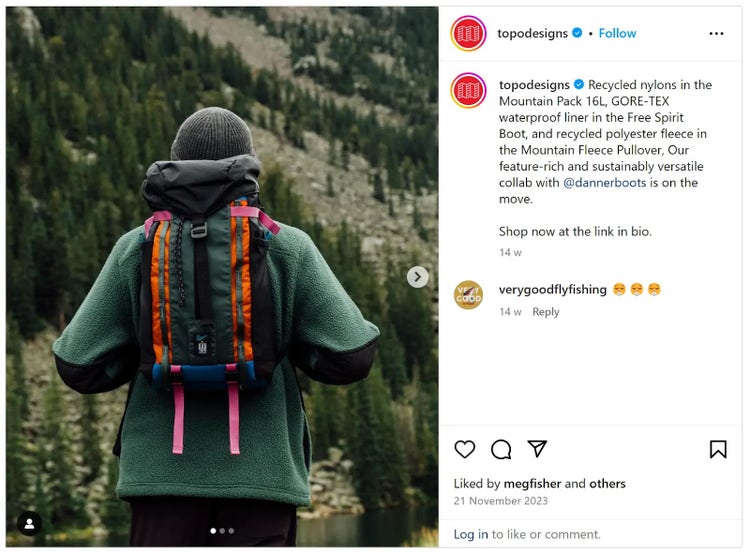 Instagram post from outdoor apparel company Topo Designs, promoting their products