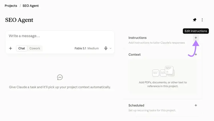 Claude SEO Agent project with the Edit instructions button highlighted for adding custom project instructions