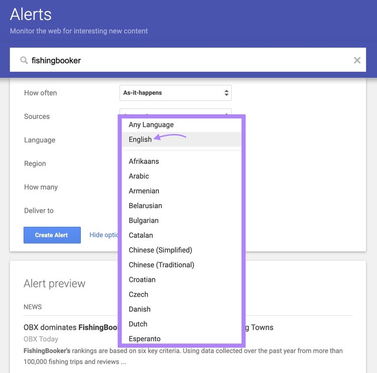 "Language" drop-down menu opened and highlighted with an arrow pointing toward "English" on Google Alerts options.