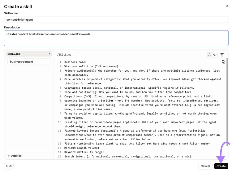 Claude skill creation form showing a business-context file and the Create button highlighted