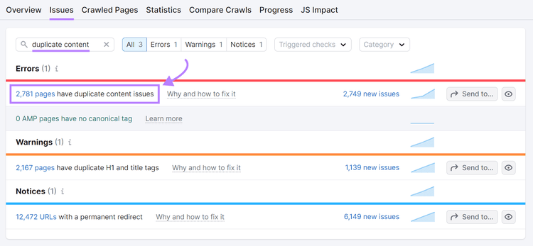 duplicate content issues found in Site Audit tool