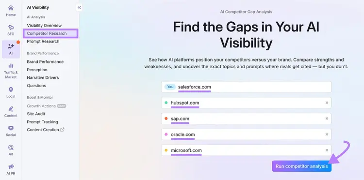 Competitor Research tool with input fields for domains and a button labeled Run competitor analysis.